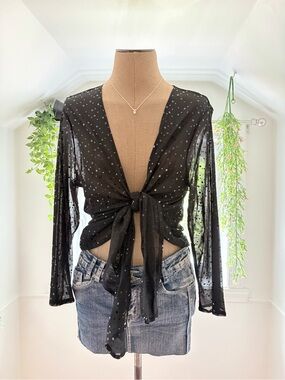 Sheer Black Polka Dot Tie-Front Top